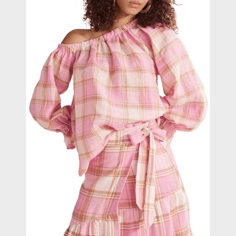 Country Road Pink Check Print Ramie Blouse Top Size 8 Asymmetric Textured Womens - Picture 13 of 13